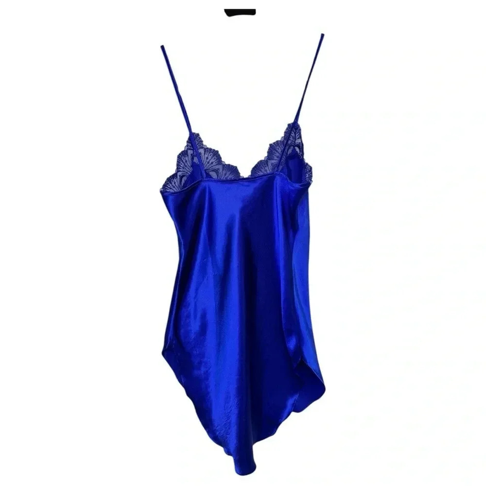 Victoria’s Secret Gold Label 90s Blue Satin Lace Trim Chemise Gold Tag, sz P - Picture 2 of 5
